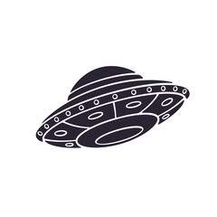 Vector illustration. Silhouette of toy UFO space ship. Alien space ship. Futuristic unknown flying object. Isolated  pattern on white background