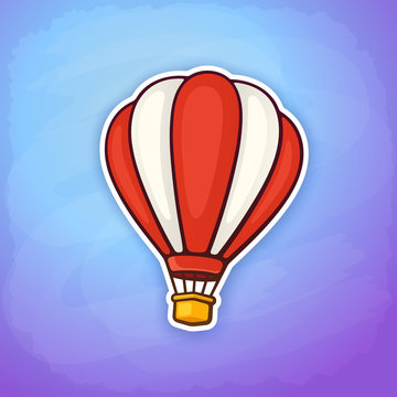 Vector illustration. Hot air balloon in red and white stripes on sky background. Summer journey by air transport. Sticker in cartoon style with contour. Isolated on blue background