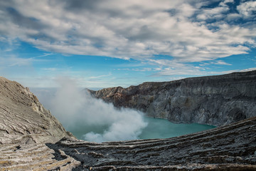 Lake and Sulfur Mine at Khawa Ijen Volcano Crater, Indonesia