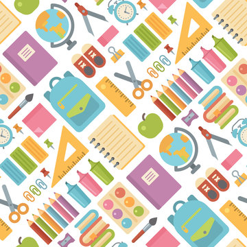 School items seamless pattern on white background. Back to school