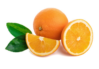 Isolated oranges. Group of fresh orange fruits with leaves