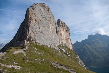mountaineering in marmolada glacier in dolomites