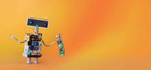Data recovery backup service robot with usb flash storage stick. orange yellow gradient background,...