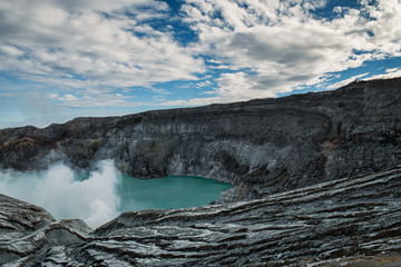 Lake and Sulfur Mine at Khawa Ijen Volcano Crater, Indonesia