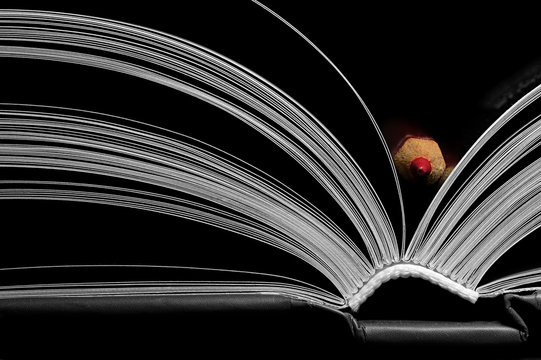 A black and white image of open book. Close-up image of  double-page spread with red pencil on black background. Concept of gaining knowledge, learning, typography