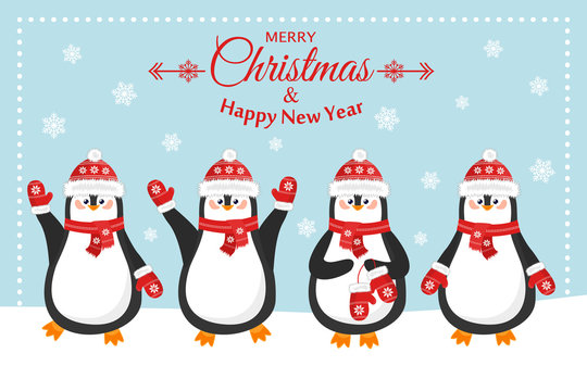 Merry christmas and a happy new year. Lovely postcard with different penguins in caps