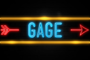 Gage  - fluorescent Neon Sign on brickwall Front view