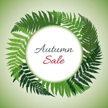 Banner for autumn sale with ferns. Vector illustration.