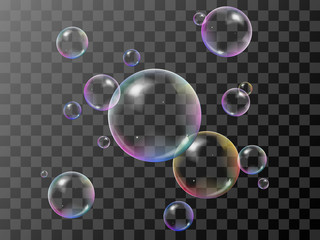 Realistic 3d soap bubbles set with rainbow reflection. Vector illustration. Transparent. - obrazy, fototapety, plakaty