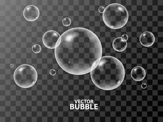 Realistic 3d soap bubbles with reflection of light. Vector illustration. Transparent. - obrazy, fototapety, plakaty