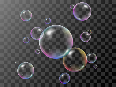 Realistic 3d soap bubbles set with rainbow reflection. Vector illustration. Transparent.