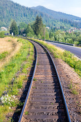 Fototapeta na wymiar Travel, rest. A view of the railway tracks surrounded by trees, grass and bushes. Vertical frame