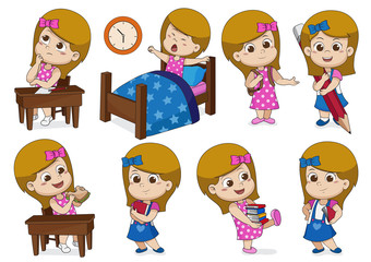 Set of kid activity,kid think,wake up,holding a big pencil,eat sandwich,holding a book.