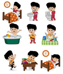 Set of daily cute boy.Boy wake up,brushing teeth,kid pee,taking a bath,dressed up,breakfast,kid learning,kid sleep.