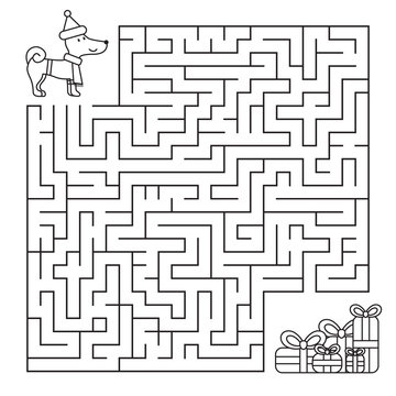 Christmas maze for children, funny dog looking for gifts. Coloring page. Vector illustration.