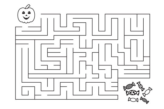 Labyrinth for children. Halloween pumpkin and candies.Entry and exit. Coloring page. Vector illustration. Isolated on white background.