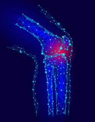 Human knee joint 3d model vector illustration. Low poly design future technology cure pain treatment. Blue background and red injury man body leg medicine template