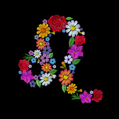 Leo zodiac sign flower arrangement. Horoscope astrology fashion floral embroidery patch design template. Texture stitch effect. Textile print on black background vector illustration