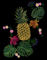 Embroidered exotic yellow pineapple fruit monstera leaves hibiscus flower. Fashion print embroidery texture stitch decoration patch. Tropic vector illustration on black background art