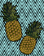 Embroidered yellow pineapple fruit. Fashion print embroidery texture stitch decoration seamless pattern. Tropic vector illustration on striped geometric background art