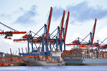 Schiffe beim beladen in einem Hafen am Containerterminal // Ships loading in a port at the...