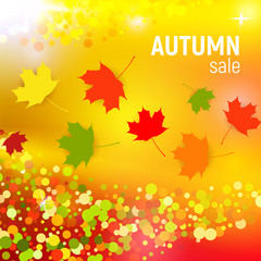 Vector autumn sale background with red, orange, green and yellow falling autumn leaves and circles on a orange background. Autumn sale background with leaves. Vector illustration.