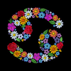 Cancer zodiac sign flower arrangement. Horoscope astrology fashion floral embroidery patch design template. Texture stitch effect. Textile print on black background vector illustration