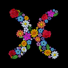 Pisces zodiac sign flower arrangement. Horoscope astrology fashion floral embroidery patch design template. Texture stitch effect. Textile print on black background vector illustration