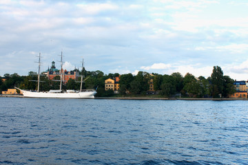 Fototapeta na wymiar Scenic Summer Aerial View Of Old Ship In Stockholm, Sweden