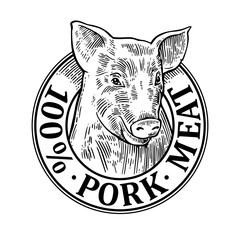 Pig head. 100 percent pork meat lettering. Vintage vector engraving