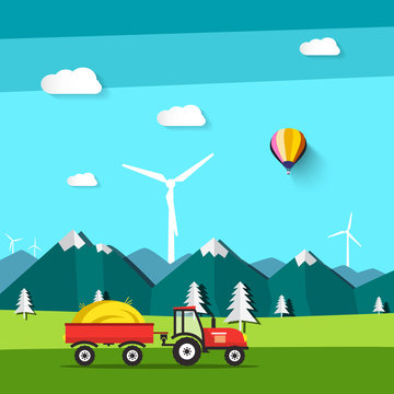 Vector Landscape. Field with Tractor and Wind Mill with Mountains on Background.