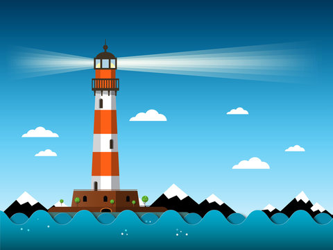 Lighthouse with Waves on Sea. Vector. Building with Mountains on Background.