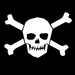 Totenkopf mit Knochen - Icon, Symbol, Piktogramm, Bildmarke, grafisches Element - weiß, Hintergrund schwarz - Piratenflagge, T-Shirt, Web, Druck - Vektor