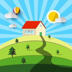 House on Hill. Vector Flat Design Natural Landscape. Countryside.