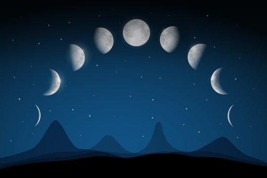Moon Phases on Dark Night Sky Above Abstract Landscape. Vector.
