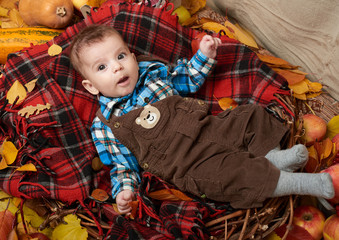 child boy lie on tartan plaid with yellow autumn leaves, apples, pumpkin and decoration, fall season