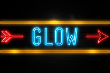 Glow  - fluorescent Neon Sign on brickwall Front view