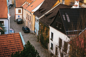 Beautiful street in the town of Cesky Krumlov in the Czech Republic. One of the most beautiful unusual small cities in the world.