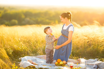 Pregnant mom and her beautiful little son at a picnic