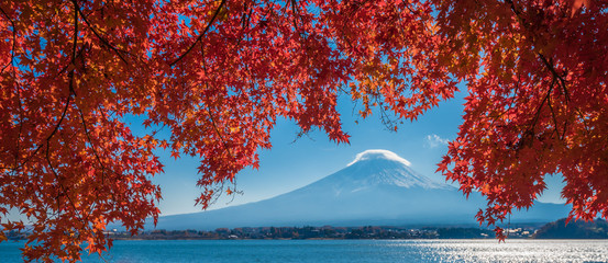 Mount Fuji and autumn maple leaves, Kawaguchiko lake, Japan