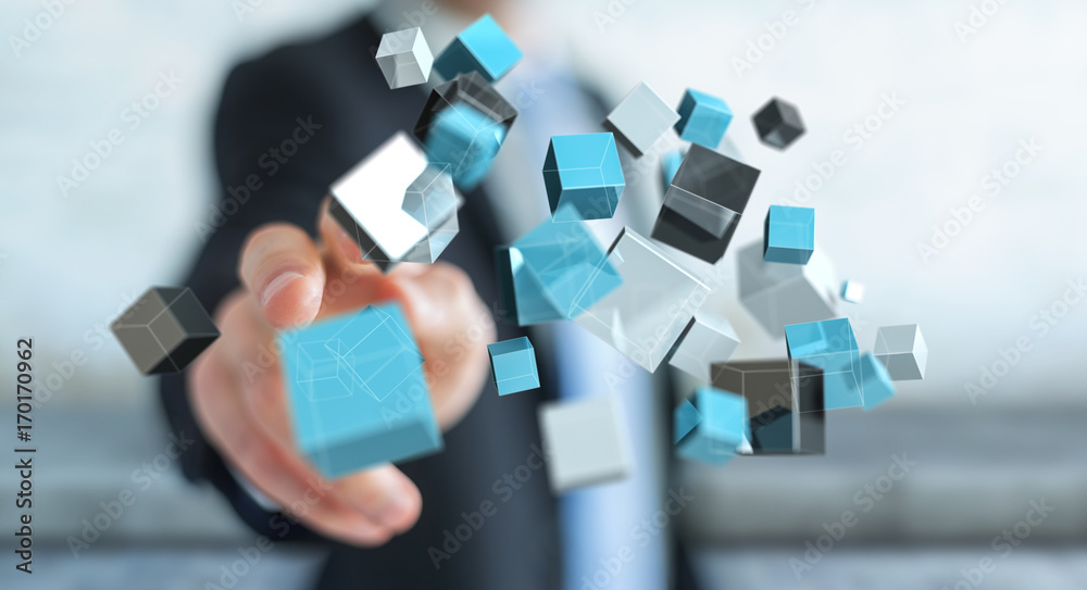 Poster Businessman touching floating blue shiny cube network 3D rendering