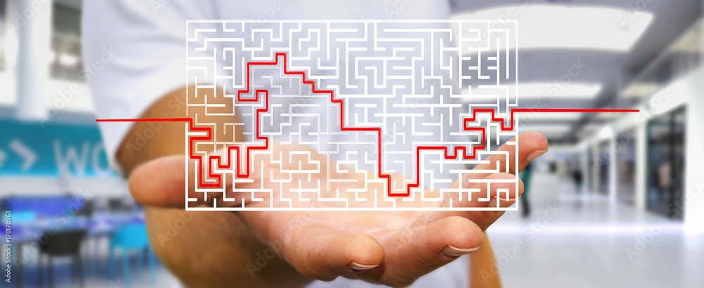 Poster Businessman searching solution of a complicated maze