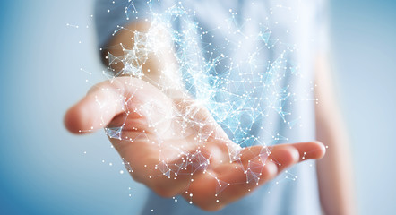Fototapeta premium Businessman holding flying network connection 3D rendering
