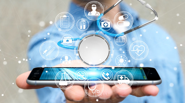Businessman holding and touching floating stethoscope 3D rendering