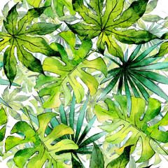 Naklejka na ściany i meble Tropical Hawaii leaves plants pattern in a watercolor style. Aquarelle wild flower for background, texture, wrapper pattern, frame or border.