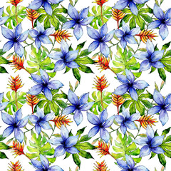 Tropical Hawaii leaves plants pattern  in a watercolor style. Aquarelle wild flower for background, texture, wrapper pattern, frame or border.