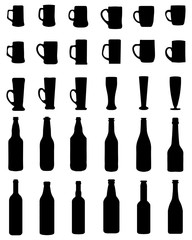 Silhouettes  of beer mugs and glasses on a white background