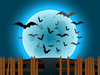 Halloween night landscape with moon, bats and old  broken fence 