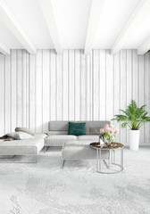 Modern loft interior bedroom or living room with eclectic wall with space. 3D rendering.