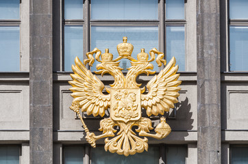 Russian coat of arms on the facade of the State Duma of the Federal Assembly of the Russian...